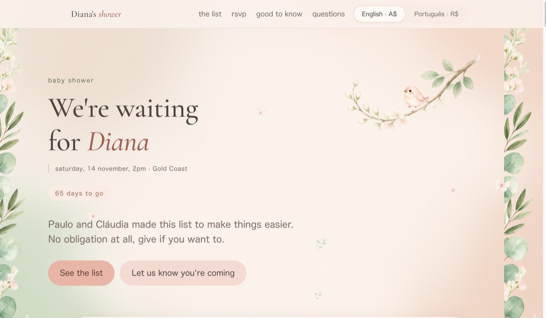 Baby shower site with a little birds theme, botanical border in soft pinks