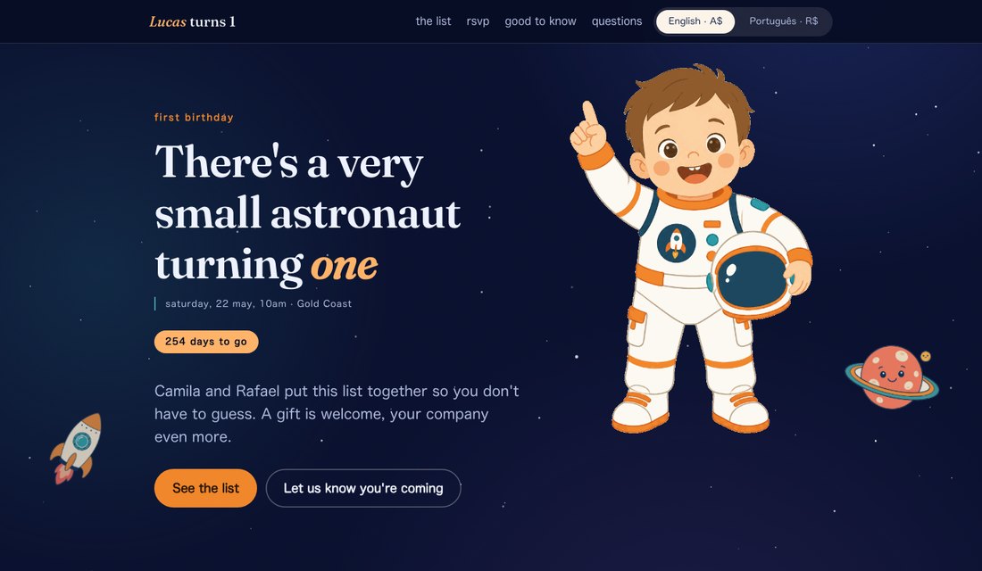 First birthday site with an astronaut theme, night sky and a little boy holding up one finger