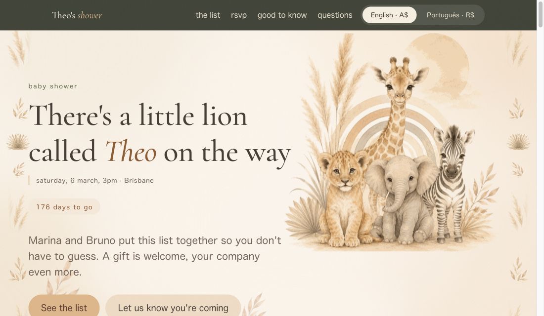 Baby shower site with a savannah theme, watercolour lion, giraffe, elephant and zebra